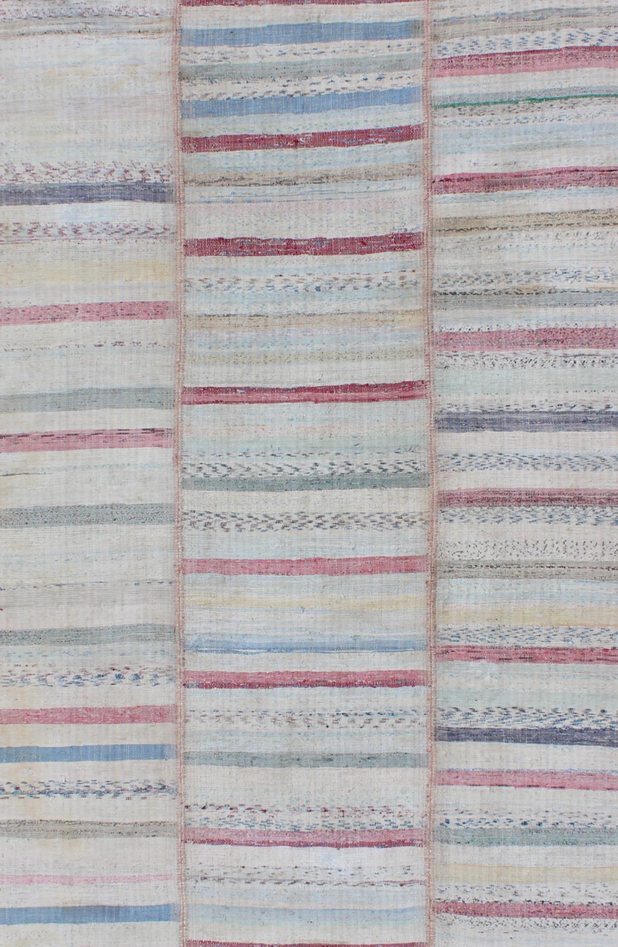 Multi - Panel Vintage Turkish Flat Weave Rug in Pink, Blue, Green and Cream This multi - paneled, striped Kilim is an example of Provincial minimalism that has conformed to a more modern design. Individual panels are woven together to accentuate the... - Keivan Woven ArtsTU - EMD - 11605 - 2886Rug
