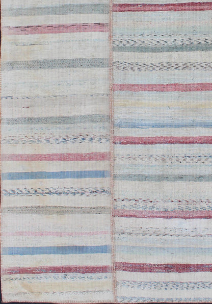 Multi - Panel Vintage Turkish Flat Weave Rug in Pink, Blue, Green and Cream This multi - paneled, striped Kilim is an example of Provincial minimalism that has conformed to a more modern design. Individual panels are woven together to accentuate the... - Keivan Woven ArtsTU - EMD - 11605 - 2886Rug