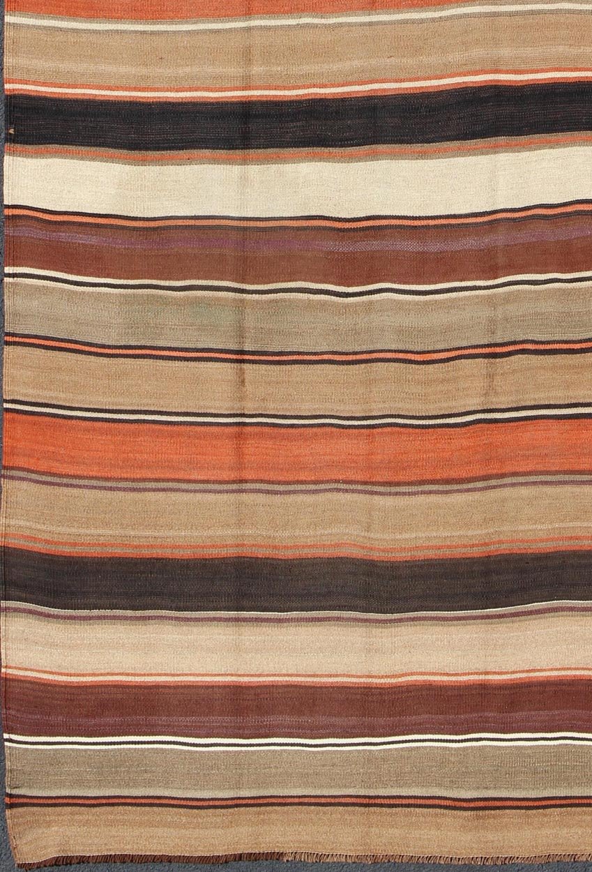 Multicolored vintage Turkish Kilim rug with horizontal stripes. Large Multicolored vintage Turkish Kilim rug with horizontal stripes in orange, taupe, Brown, Gray, Camel, Purple, Khaki. rug/emd - 11661, country of origin / type: Turkey / Kilim, circa... - Keivan Woven ArtsTU - EMD - 11661 - 2882Rug