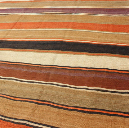 Multicolored vintage Turkish Kilim rug with horizontal stripes. Large Multicolored vintage Turkish Kilim rug with horizontal stripes in orange, taupe, Brown, Gray, Camel, Purple, Khaki. rug/emd - 11661, country of origin / type: Turkey / Kilim, circa... - Keivan Woven ArtsTU - EMD - 11661 - 2882Rug