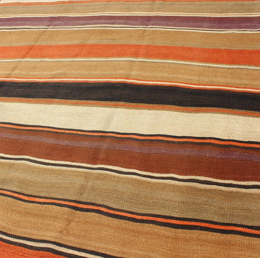 Multicolored vintage Turkish Kilim rug with horizontal stripes. Large Multicolored vintage Turkish Kilim rug with horizontal stripes in orange, taupe, Brown, Gray, Camel, Purple, Khaki. rug/emd - 11661, country of origin / type: Turkey / Kilim, circa... - Keivan Woven ArtsTU - EMD - 11661 - 2882Rug