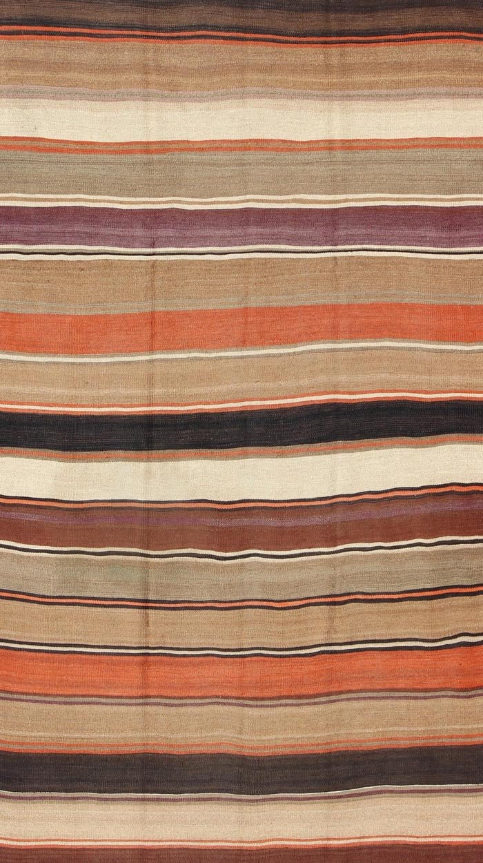 Multicolored vintage Turkish Kilim rug with horizontal stripes. Large Multicolored vintage Turkish Kilim rug with horizontal stripes in orange, taupe, Brown, Gray, Camel, Purple, Khaki. rug/emd - 11661, country of origin / type: Turkey / Kilim, circa... - Keivan Woven ArtsTU - EMD - 11661 - 2882Rug