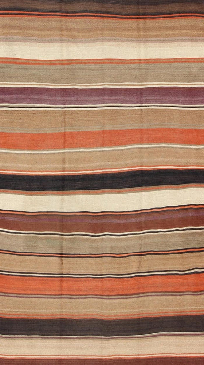 Multicolored vintage Turkish Kilim rug with horizontal stripes. Large Multicolored vintage Turkish Kilim rug with horizontal stripes in orange, taupe, Brown, Gray, Camel, Purple, Khaki. rug/emd - 11661, country of origin / type: Turkey / Kilim, circa... - Keivan Woven ArtsTU - EMD - 11661 - 2882Rug