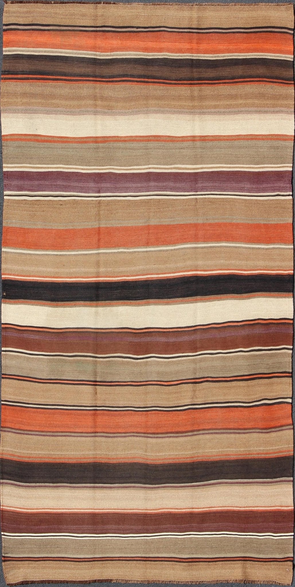 Multicolored vintage Turkish Kilim rug with horizontal stripes. Large Multicolored vintage Turkish Kilim rug with horizontal stripes in orange, taupe, Brown, Gray, Camel, Purple, Khaki. rug/emd - 11661, country of origin / type: Turkey / Kilim, circa... - Keivan Woven ArtsTU - EMD - 11661 - 2882Rug