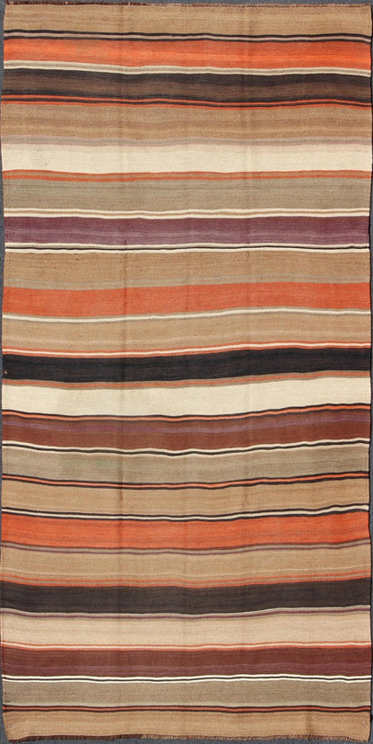 Multicolored vintage Turkish Kilim rug with horizontal stripes. Large Multicolored vintage Turkish Kilim rug with horizontal stripes in orange, taupe, Brown, Gray, Camel, Purple, Khaki. rug/emd - 11661, country of origin / type: Turkey / Kilim, circa... - Keivan Woven ArtsTU - EMD - 11661 - 2882Rug