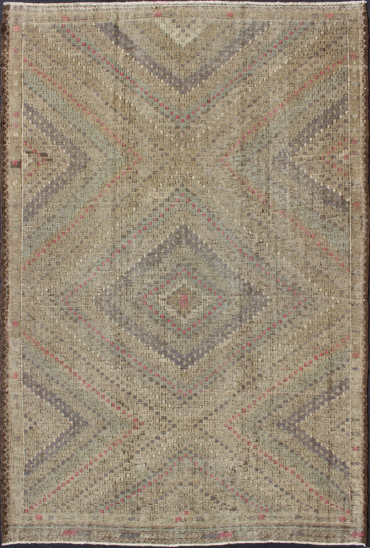 Vintage Turkish Kilim Rug with Multi Layered Diamond Design in soft tones of Blue, Green, Gray, Red, Keivan Woven Arts/ rug/ TU - EMD - 136017, country of origin / type: Turkey / Kilim, circa mid - 20th century Measures: 6'6 x 9'9. This vintage... - Keivan Woven ArtsTU - EMD - 136017 - 4538Rug