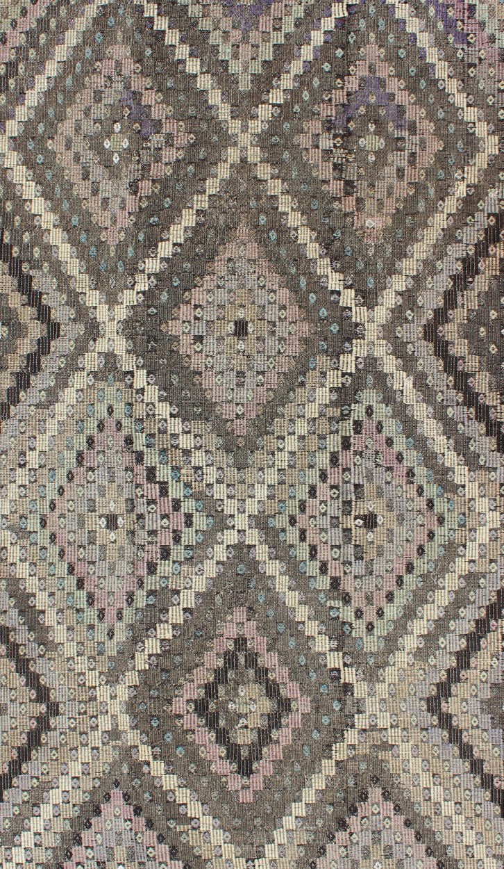 Vintage Turkish Flat Weave with Diamond Design in Gray, Black, Lavender & Green kwarugs Vintage Turkish Kilim rug with diamond design in gray, black, lavender and green, rug emd - 136020, country of origin / type: Turkey / Kilim, circa 1960 ... - Keivan Woven ArtsTU - EMD - 136020 - 4546Rug