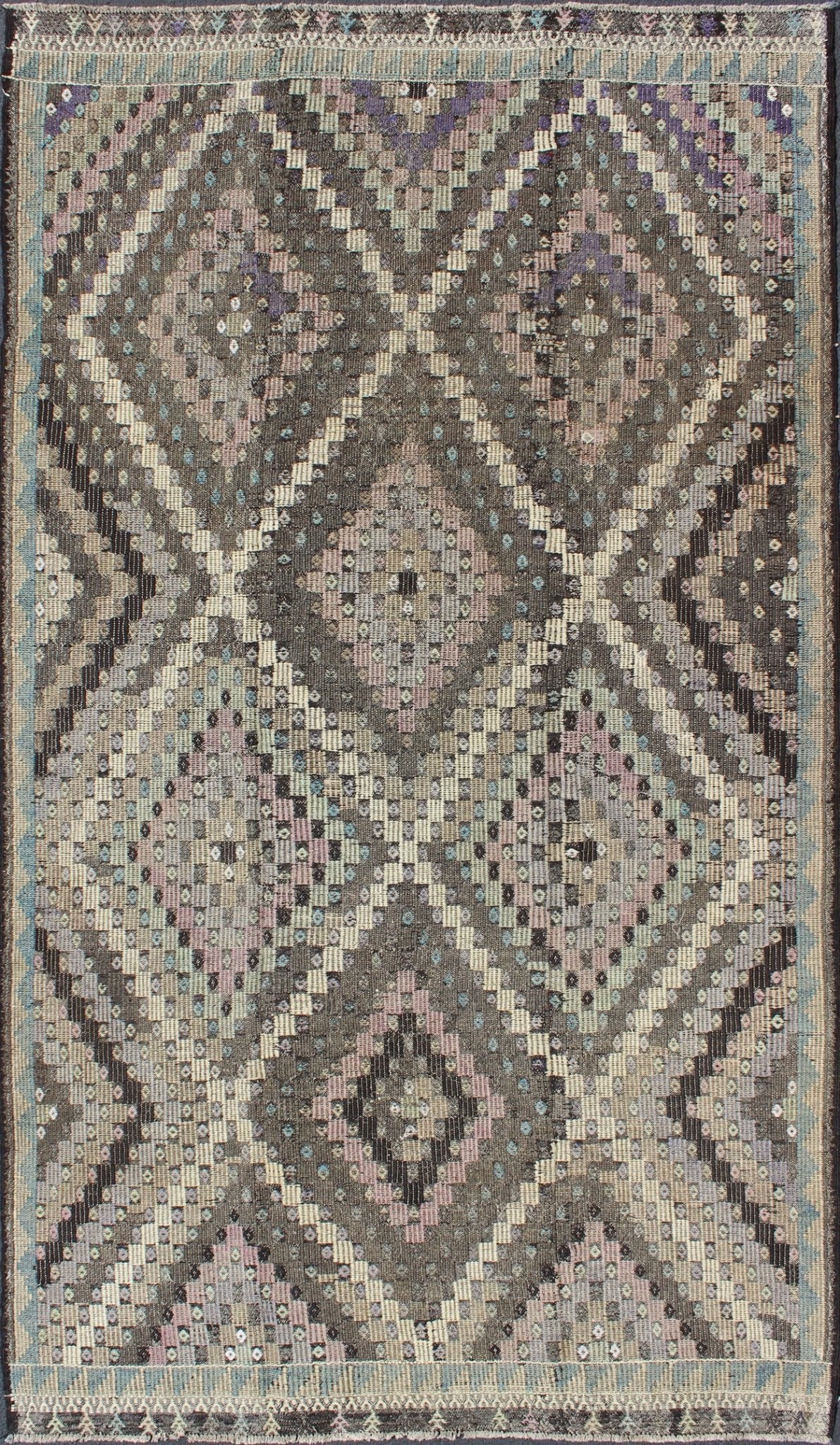 Vintage Turkish Flat Weave with Diamond Design in Gray, Black, Lavender & Green kwarugs Vintage Turkish Kilim rug with diamond design in gray, black, lavender and green, rug emd - 136020, country of origin / type: Turkey / Kilim, circa 1960 ... - Keivan Woven ArtsTU - EMD - 136020 - 4546Rug
