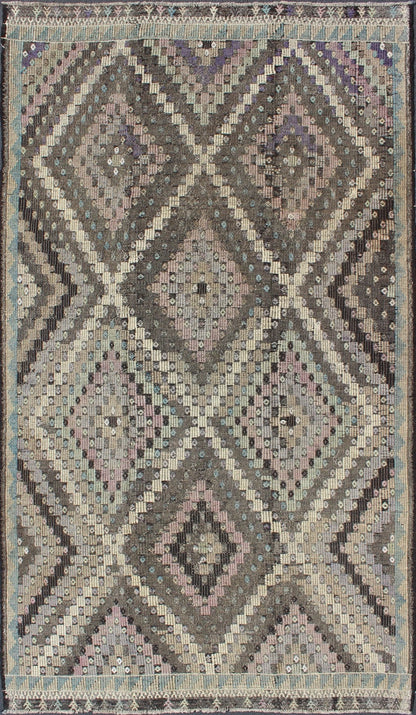 Vintage Turkish Flat Weave with Diamond Design in Gray, Black, Lavender & Green kwarugs Vintage Turkish Kilim rug with diamond design in gray, black, lavender and green, rug emd - 136020, country of origin / type: Turkey / Kilim, circa 1960 ... - Keivan Woven ArtsTU - EMD - 136020 - 4546Rug