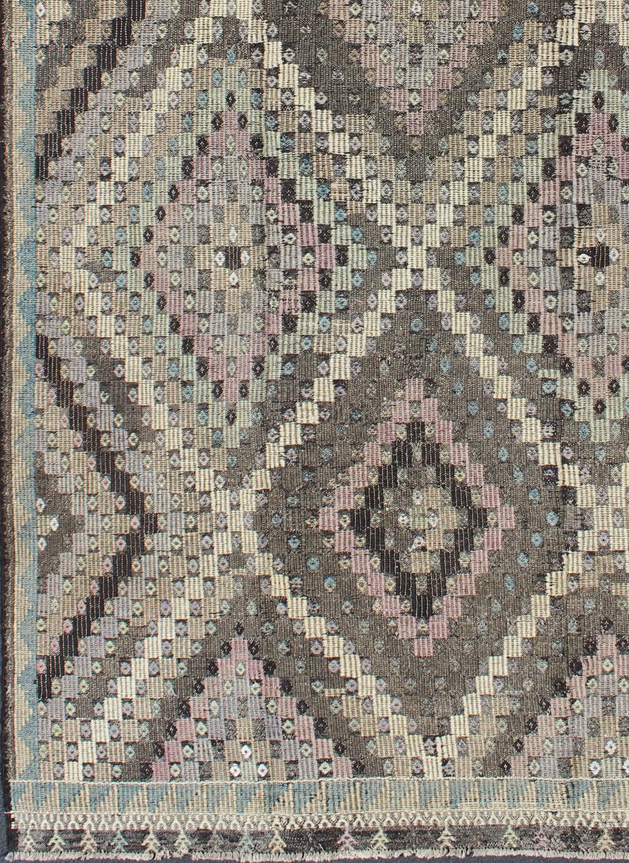 Vintage Turkish Flat Weave with Diamond Design in Gray, Black, Lavender & Green kwarugs Vintage Turkish Kilim rug with diamond design in gray, black, lavender and green, rug emd - 136020, country of origin / type: Turkey / Kilim, circa 1960 ... - Keivan Woven ArtsTU - EMD - 136020 - 4546Rug