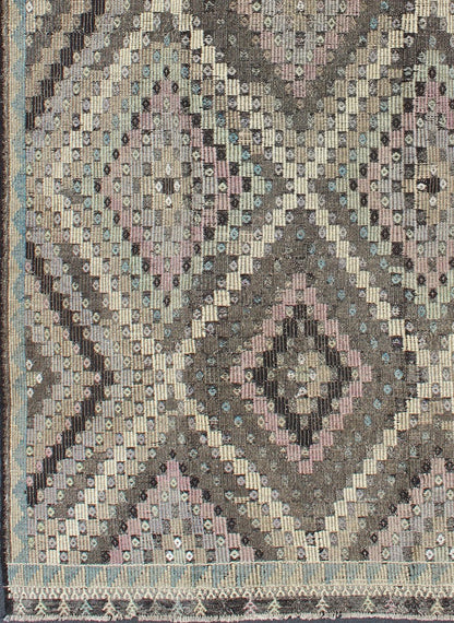Vintage Turkish Flat Weave with Diamond Design in Gray, Black, Lavender & Green kwarugs Vintage Turkish Kilim rug with diamond design in gray, black, lavender and green, rug emd - 136020, country of origin / type: Turkey / Kilim, circa 1960 ... - Keivan Woven ArtsTU - EMD - 136020 - 4546Rug
