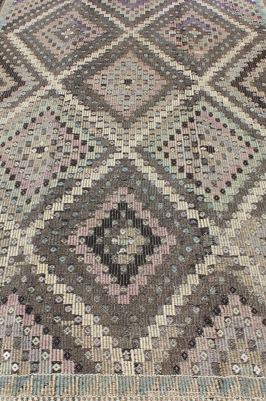 Vintage Turkish Flat Weave with Diamond Design in Gray, Black, Lavender & Green kwarugs Vintage Turkish Kilim rug with diamond design in gray, black, lavender and green, rug emd - 136020, country of origin / type: Turkey / Kilim, circa 1960 ... - Keivan Woven ArtsTU - EMD - 136020 - 4546Rug