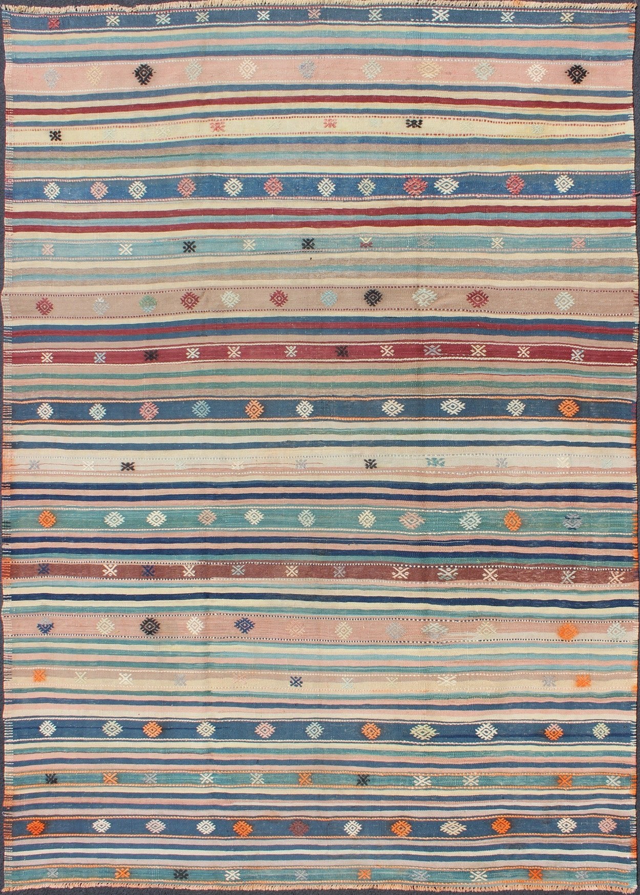 Colorful Vintage Turkish Kilim Rug with Horizontal Stripes and Tribal Designs, rug emd - 136530, country of origin / type: Turkey / Kilim, circa mid - 20th century Featuring tribal shapes with a spotted and speckled assortment of geometric elements,... - Keivan Woven ArtsTU - EMD - 136530 - 4938Rug