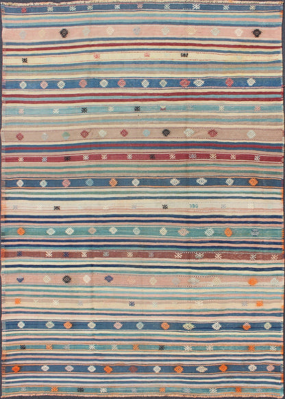 Colorful Vintage Turkish Kilim Rug with Horizontal Stripes and Tribal Designs, rug emd - 136530, country of origin / type: Turkey / Kilim, circa mid - 20th century Featuring tribal shapes with a spotted and speckled assortment of geometric elements,... - Keivan Woven ArtsTU - EMD - 136530 - 4938Rug
