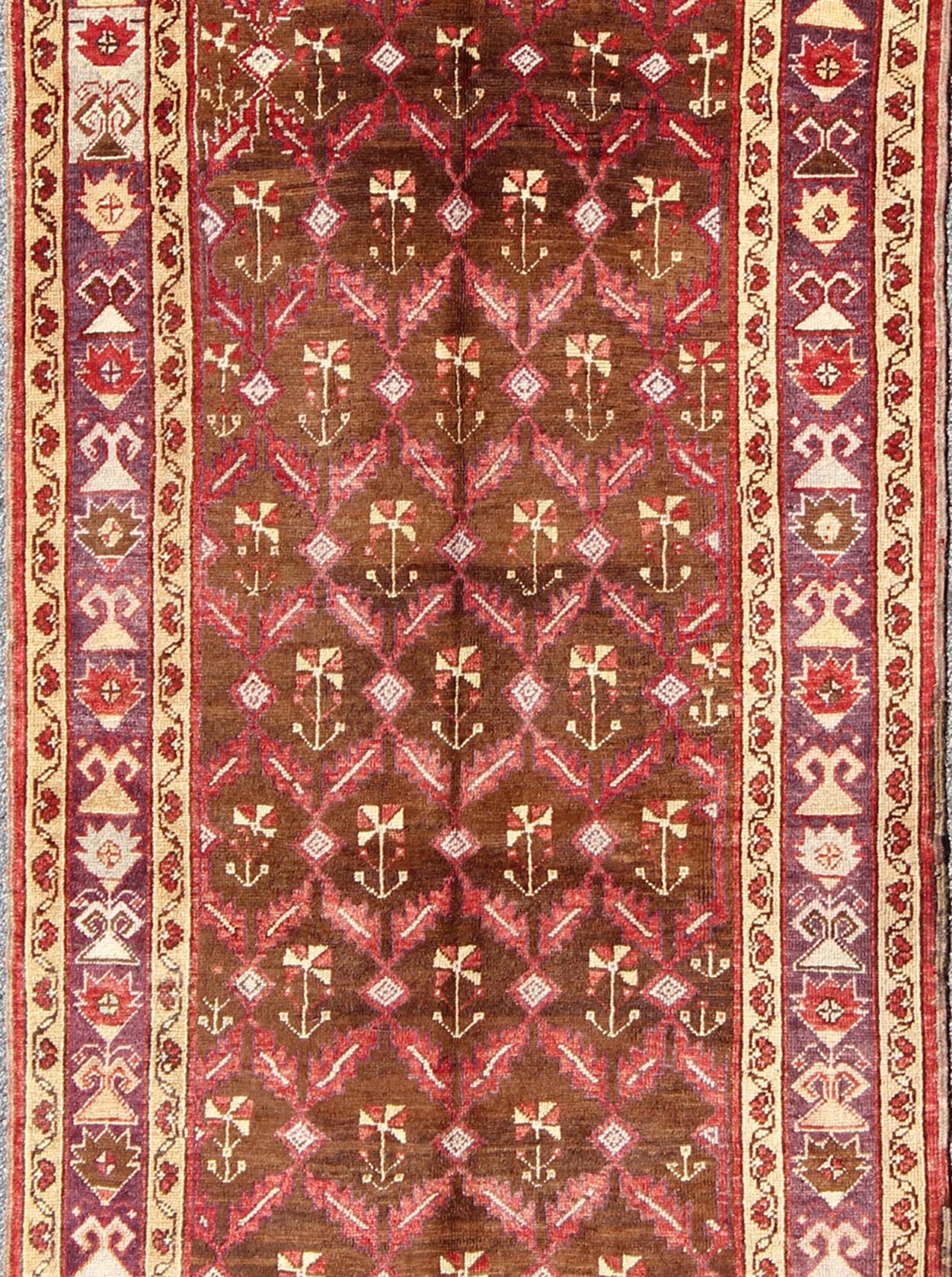 Vintage Turkish Oushak Carpet with All - Over Tribal Design in Red, Purple & Brown: Produced in mid - 20th century Turkey, this vintage Oushak is characterized by a comely and highly representative Oushak composition. Building on traditional designs, this ... - Keivan Woven ArtsTU - EMD - 3368 - 6161Rug
