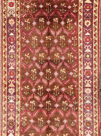 Vintage Turkish Oushak Carpet with All - Over Tribal Design in Red, Purple & Brown: Produced in mid - 20th century Turkey, this vintage Oushak is characterized by a comely and highly representative Oushak composition. Building on traditional designs, this ... - Keivan Woven ArtsTU - EMD - 3368 - 6161Rug