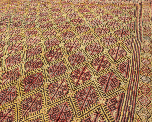 Vintage Turkish Embroidered Kilim Rug With Diamond Design in Yellow and Red This colorful vintage, 20th century embroidered Kilim rug features an all - over diamond pattern woven with a well - preserved and vibrant color palette of Green, soft orange, ... - Keivan Woven ArtsTU - EMD - 3371 - 6165Rug