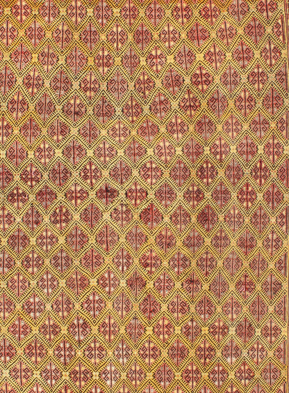 Vintage Turkish Embroidered Kilim Rug With Diamond Design in Yellow and Red This colorful vintage, 20th century embroidered Kilim rug features an all - over diamond pattern woven with a well - preserved and vibrant color palette of Green, soft orange, ... - Keivan Woven ArtsTU - EMD - 3371 - 6165Rug