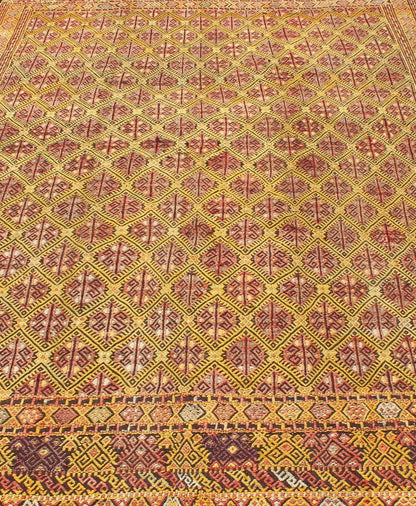 Vintage Turkish Embroidered Kilim Rug With Diamond Design in Yellow and Red This colorful vintage, 20th century embroidered Kilim rug features an all - over diamond pattern woven with a well - preserved and vibrant color palette of Green, soft orange, ... - Keivan Woven ArtsTU - EMD - 3371 - 6165Rug