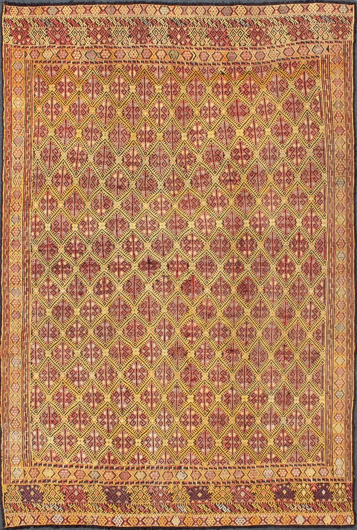 Vintage Turkish Embroidered Kilim Rug With Diamond Design in Yellow and Red This colorful vintage, 20th century embroidered Kilim rug features an all - over diamond pattern woven with a well - preserved and vibrant color palette of Green, soft orange, ... - Keivan Woven ArtsTU - EMD - 3371 - 6165Rug
