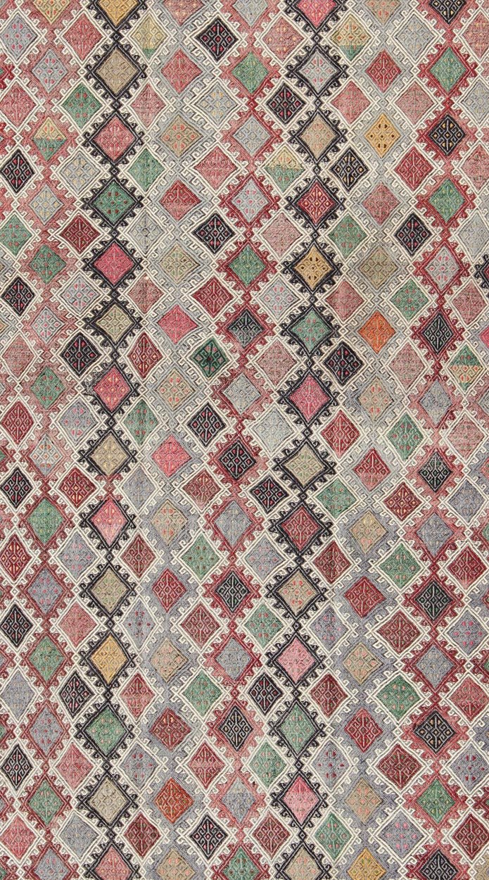 Geometric Embroidered Mid - Century Flat - Weave Kilim Rug From Turkey. This marvelous geometric embroidered Kilim rug showcases an all - over diamond pattern in the background and an understated border, paired with a distinct set of random colors such as pi... - Keivan Woven ArtsTU - EMD - 3427 - 6177Rug