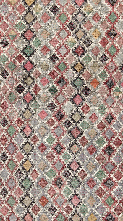 Geometric Embroidered Mid - Century Flat - Weave Kilim Rug From Turkey. This marvelous geometric embroidered Kilim rug showcases an all - over diamond pattern in the background and an understated border, paired with a distinct set of random colors such as pi... - Keivan Woven ArtsTU - EMD - 3427 - 6177Rug