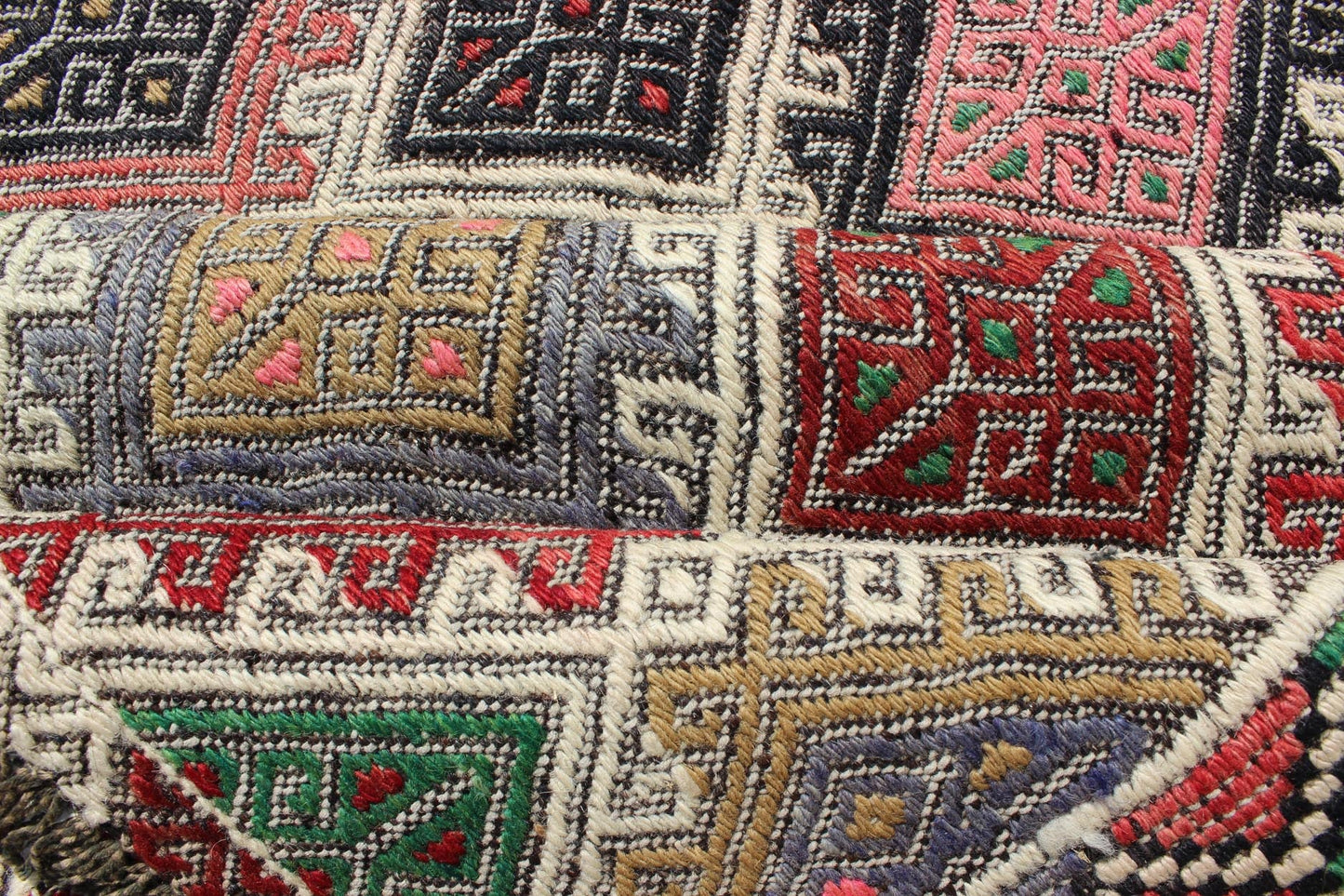Geometric Embroidered Mid - Century Flat - Weave Kilim Rug From Turkey. This marvelous geometric embroidered Kilim rug showcases an all - over diamond pattern in the background and an understated border, paired with a distinct set of random colors such as pi... - Keivan Woven ArtsTU - EMD - 3427 - 6177Rug