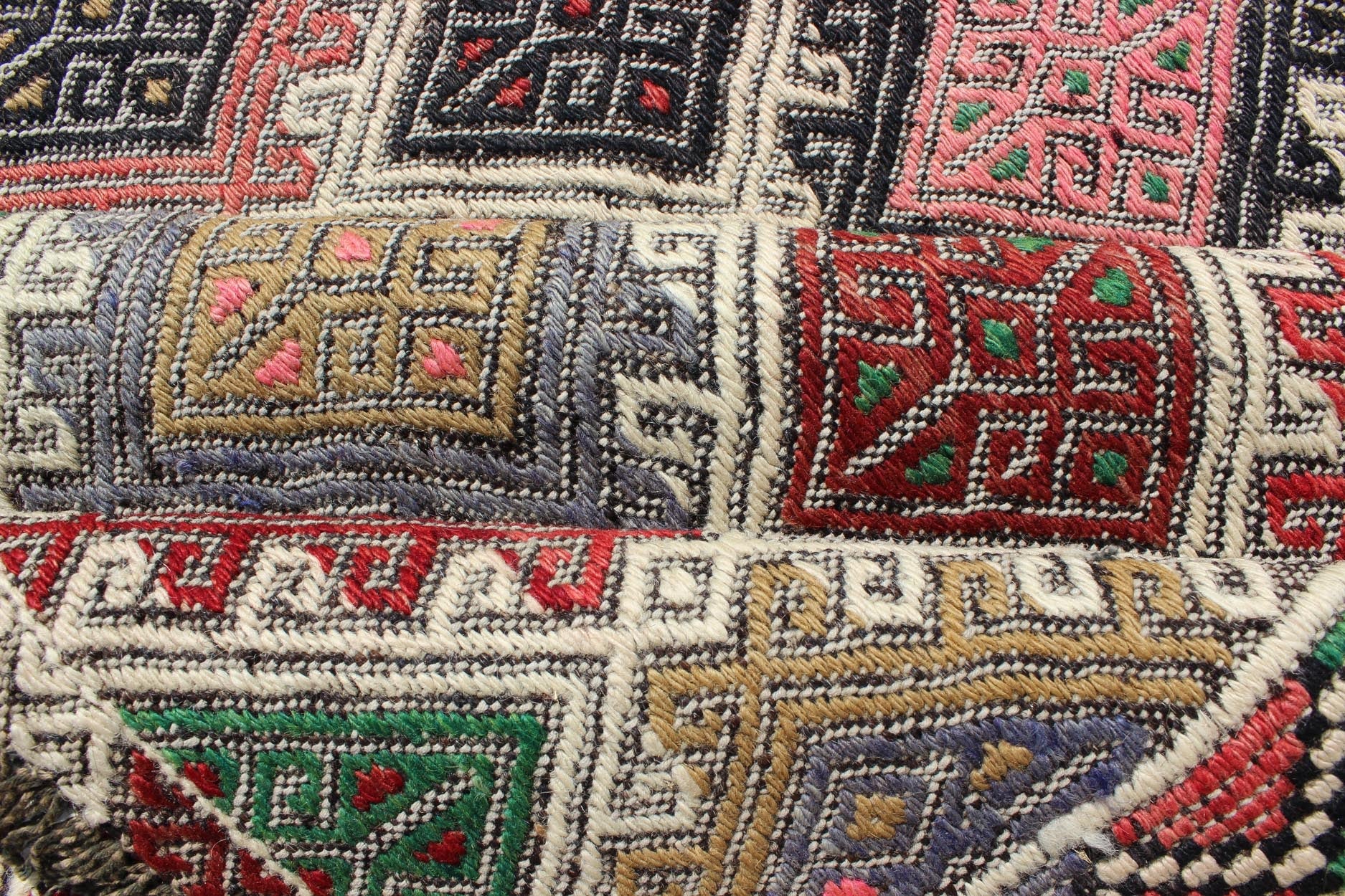 Geometric Embroidered Mid - Century Flat - Weave Kilim Rug From Turkey. This marvelous geometric embroidered Kilim rug showcases an all - over diamond pattern in the background and an understated border, paired with a distinct set of random colors such as pi... - Keivan Woven ArtsTU - EMD - 3427 - 6177Rug
