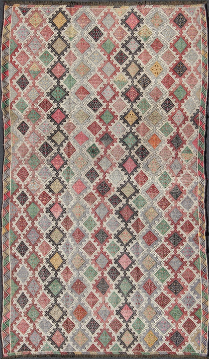 Geometric Embroidered Mid - Century Flat - Weave Kilim Rug From Turkey. This marvelous geometric embroidered Kilim rug showcases an all - over diamond pattern in the background and an understated border, paired with a distinct set of random colors such as pi... - Keivan Woven ArtsTU - EMD - 3427 - 6177Rug