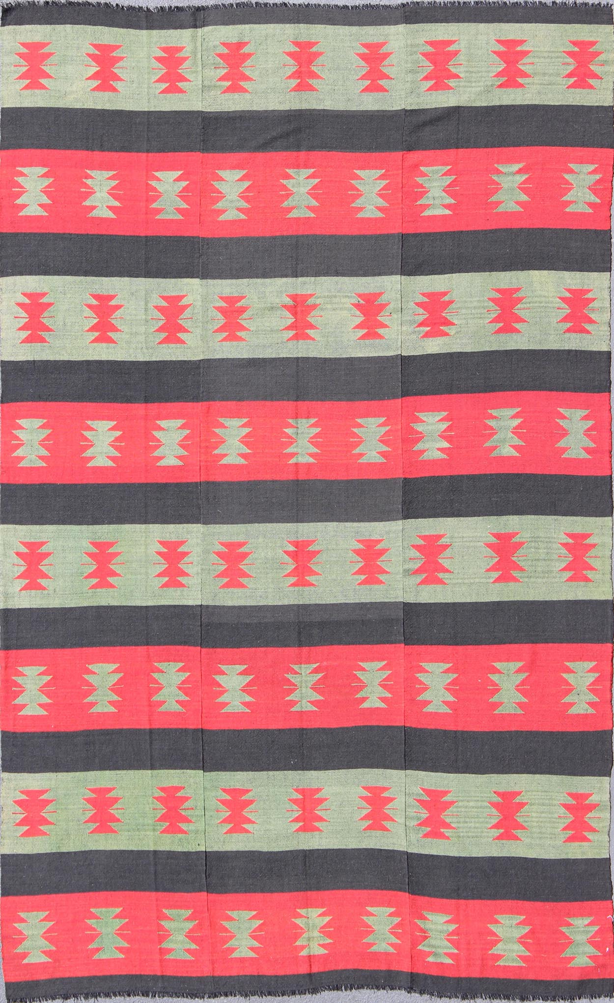 Vintage Turkish Kilim rug with tribal shapes and horizontal stripes in red and green, rug emd - 3428, country of origin / type: Turkey / Kilim, circa mid - 20th century. Featuring tribal shapes rendered in a repeating horizontal stripe design, this ... - Keivan Woven ArtsTU - EMD - 3428 - 6183Rug