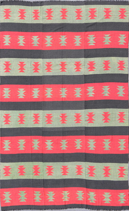 Vintage Turkish Kilim rug with tribal shapes and horizontal stripes in red and green, rug emd - 3428, country of origin / type: Turkey / Kilim, circa mid - 20th century. Featuring tribal shapes rendered in a repeating horizontal stripe design, this ... - Keivan Woven ArtsTU - EMD - 3428 - 6183Rug