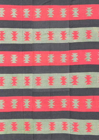 Vintage Turkish Kilim rug with tribal shapes and horizontal stripes in red and green, rug emd - 3428, country of origin / type: Turkey / Kilim, circa mid - 20th century. Featuring tribal shapes rendered in a repeating horizontal stripe design, this ... - Keivan Woven ArtsTU - EMD - 3428 - 6183Rug