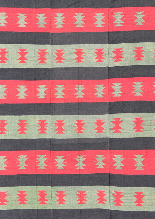 Vintage Turkish Kilim rug with tribal shapes and horizontal stripes in red and green, rug emd - 3428, country of origin / type: Turkey / Kilim, circa mid - 20th century. Featuring tribal shapes rendered in a repeating horizontal stripe design, this ... - Keivan Woven ArtsTU - EMD - 3428 - 6183Rug