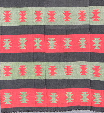 Vintage Turkish Kilim rug with tribal shapes and horizontal stripes in red and green, rug emd - 3428, country of origin / type: Turkey / Kilim, circa mid - 20th century. Featuring tribal shapes rendered in a repeating horizontal stripe design, this ... - Keivan Woven ArtsTU - EMD - 3428 - 6183Rug