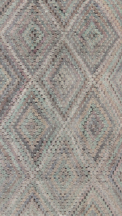 Vintage Jajeem Flat - Weave Rug - This unique Jajeem features a multitude of diamond shapes in the background combined with a simple outer border. The seemingly random use of pastel colors such as gray, light green, light yellow, brown, cream and lavender... - Keivan Woven ArtsTU - EMD - 95008 - 3469Rug