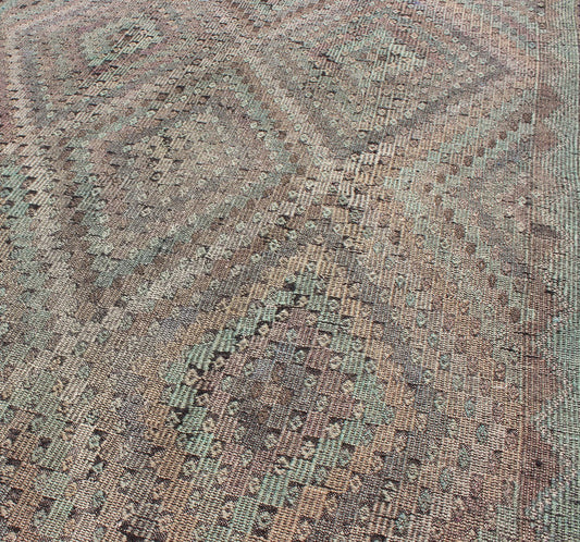 Vintage Jajeem Flat - Weave Rug - This unique Jajeem features a multitude of diamond shapes in the background combined with a simple outer border. The seemingly random use of pastel colors such as gray, light green, light yellow, brown, cream and lavender... - Keivan Woven ArtsTU - EMD - 95008 - 3469Rug