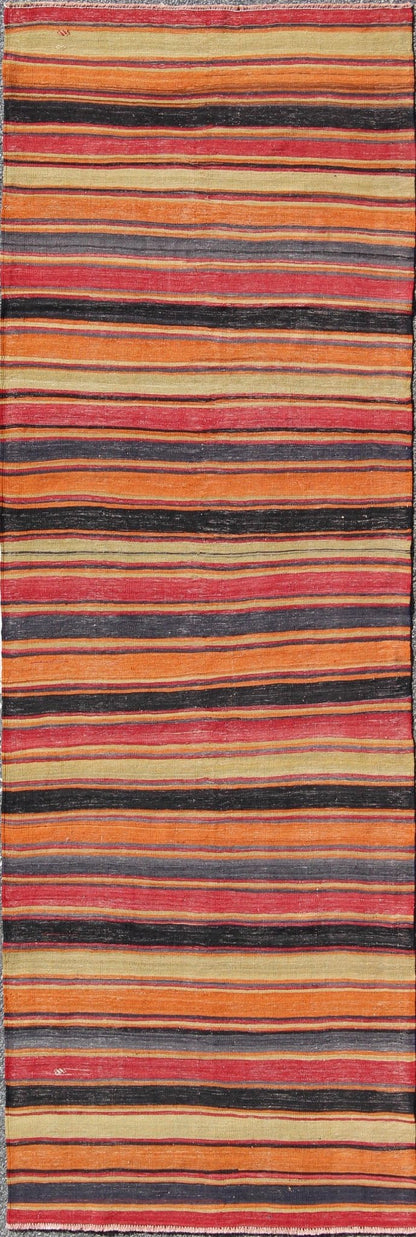 Multicolored Vintage Turkish Kilim rug with Horizontal Stripe Design, rug emd - 95026, country of origin / type: Turkey / Kilim, circa mid - 20th century Featuring a repeating horizontal stripe design, this unique midcentury Kilim showcases an array... - Keivan Woven ArtsTU - EMD - 95026 - 4534Rug