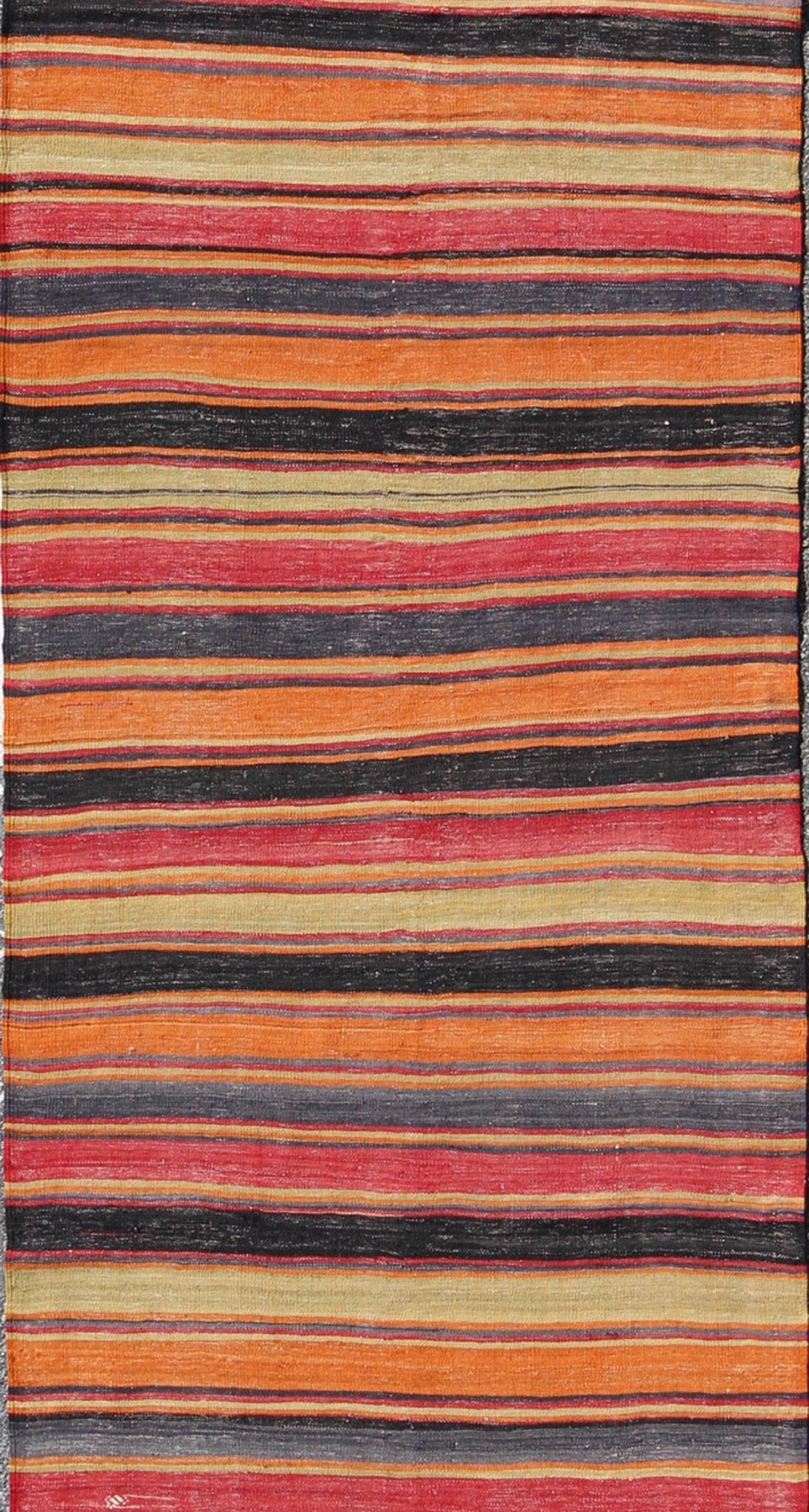 Multicolored Vintage Turkish Kilim rug with Horizontal Stripe Design, rug emd - 95026, country of origin / type: Turkey / Kilim, circa mid - 20th century Featuring a repeating horizontal stripe design, this unique midcentury Kilim showcases an array... - Keivan Woven ArtsTU - EMD - 95026 - 4534Rug