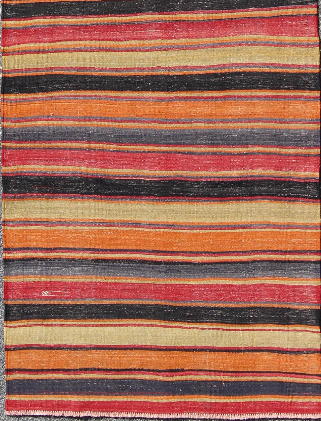 Multicolored Vintage Turkish Kilim rug with Horizontal Stripe Design, rug emd - 95026, country of origin / type: Turkey / Kilim, circa mid - 20th century Featuring a repeating horizontal stripe design, this unique midcentury Kilim showcases an array... - Keivan Woven ArtsTU - EMD - 95026 - 4534Rug