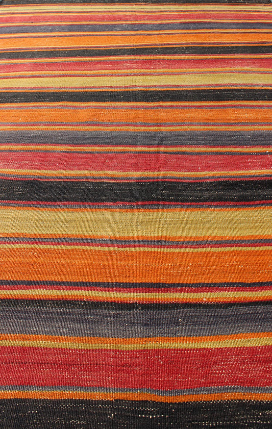 Multicolored Vintage Turkish Kilim rug with Horizontal Stripe Design, rug emd - 95026, country of origin / type: Turkey / Kilim, circa mid - 20th century Featuring a repeating horizontal stripe design, this unique midcentury Kilim showcases an array... - Keivan Woven ArtsTU - EMD - 95026 - 4534Rug