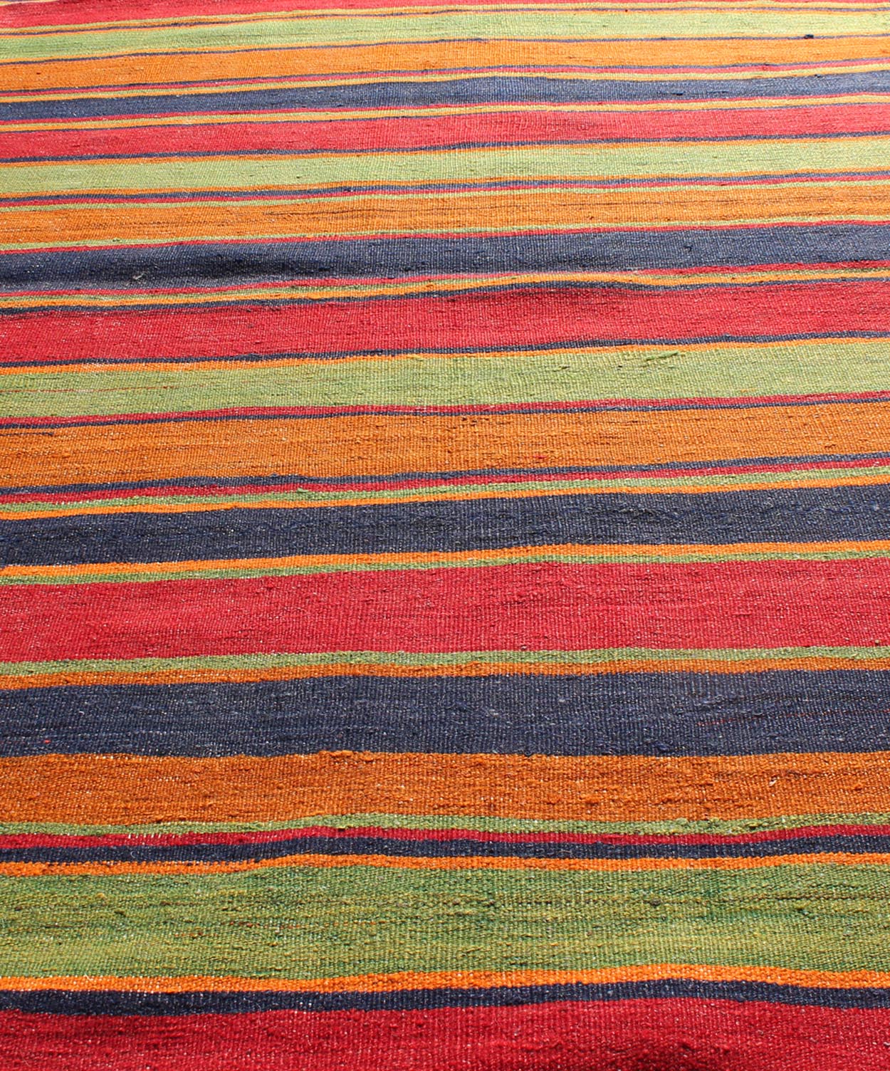 Vintage Kilim wide runner with horizontal stripes in orange, green, blue, red, gold, rug emd - 95028, country of origin / type: Turkey / Kilim, circa mid - 20th century Featuring a repeating horizontal stripe design, this unique mid - century Kilim sh... - Keivan Woven ArtsTU - EMD - 95028 - 3473Rug