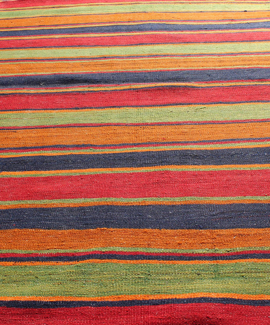 Vintage Kilim wide runner with horizontal stripes in orange, green, blue, red, gold, rug emd - 95028, country of origin / type: Turkey / Kilim, circa mid - 20th century Featuring a repeating horizontal stripe design, this unique mid - century Kilim sh... - Keivan Woven ArtsTU - EMD - 95028 - 3473Rug