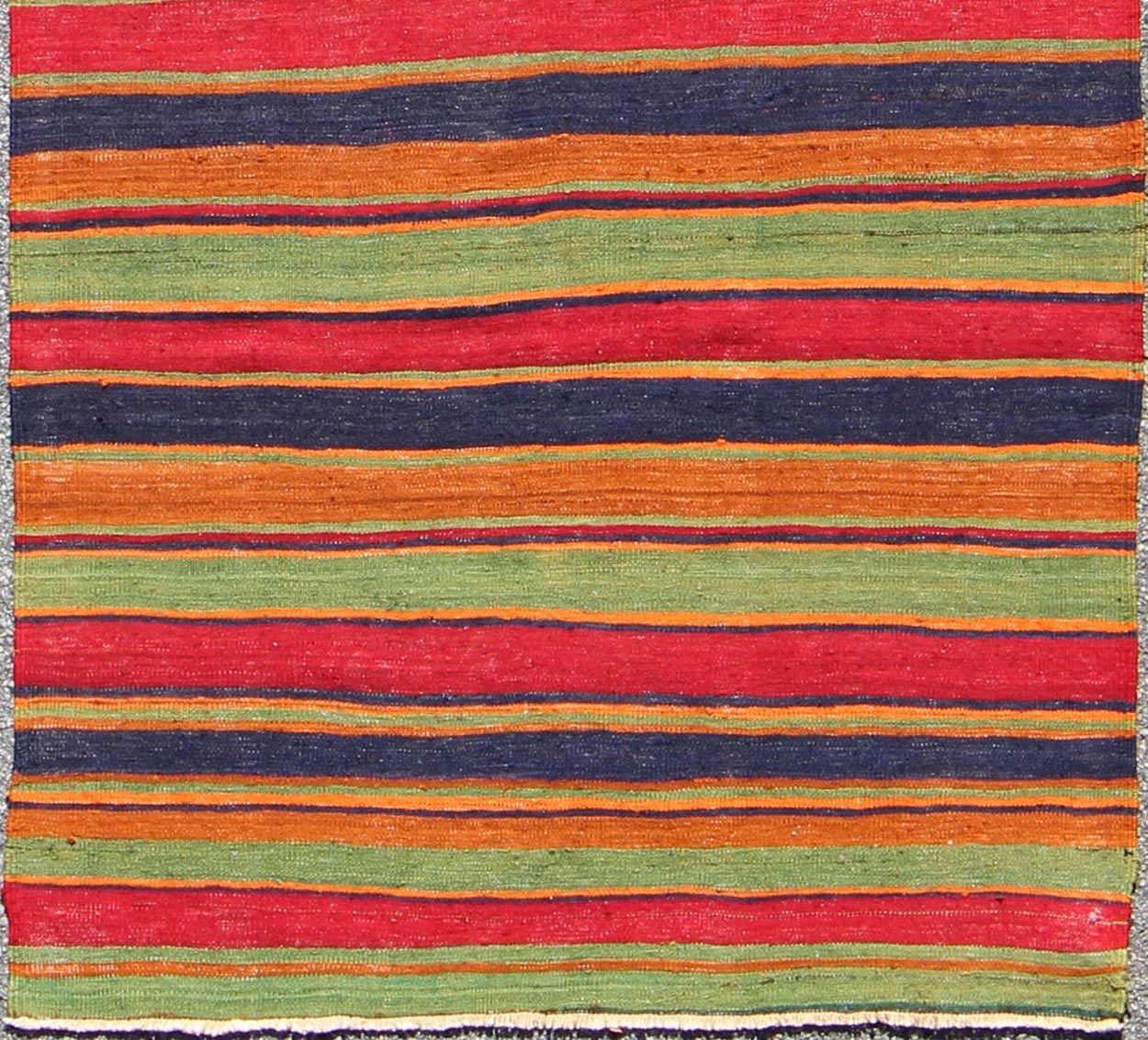 Vintage Kilim wide runner with horizontal stripes in orange, green, blue, red, gold, rug emd - 95028, country of origin / type: Turkey / Kilim, circa mid - 20th century Featuring a repeating horizontal stripe design, this unique mid - century Kilim sh... - Keivan Woven ArtsTU - EMD - 95028 - 3473Rug
