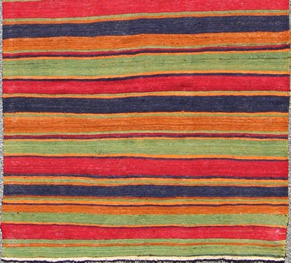 Vintage Kilim wide runner with horizontal stripes in orange, green, blue, red, gold, rug emd - 95028, country of origin / type: Turkey / Kilim, circa mid - 20th century Featuring a repeating horizontal stripe design, this unique mid - century Kilim sh... - Keivan Woven ArtsTU - EMD - 95028 - 3473Rug