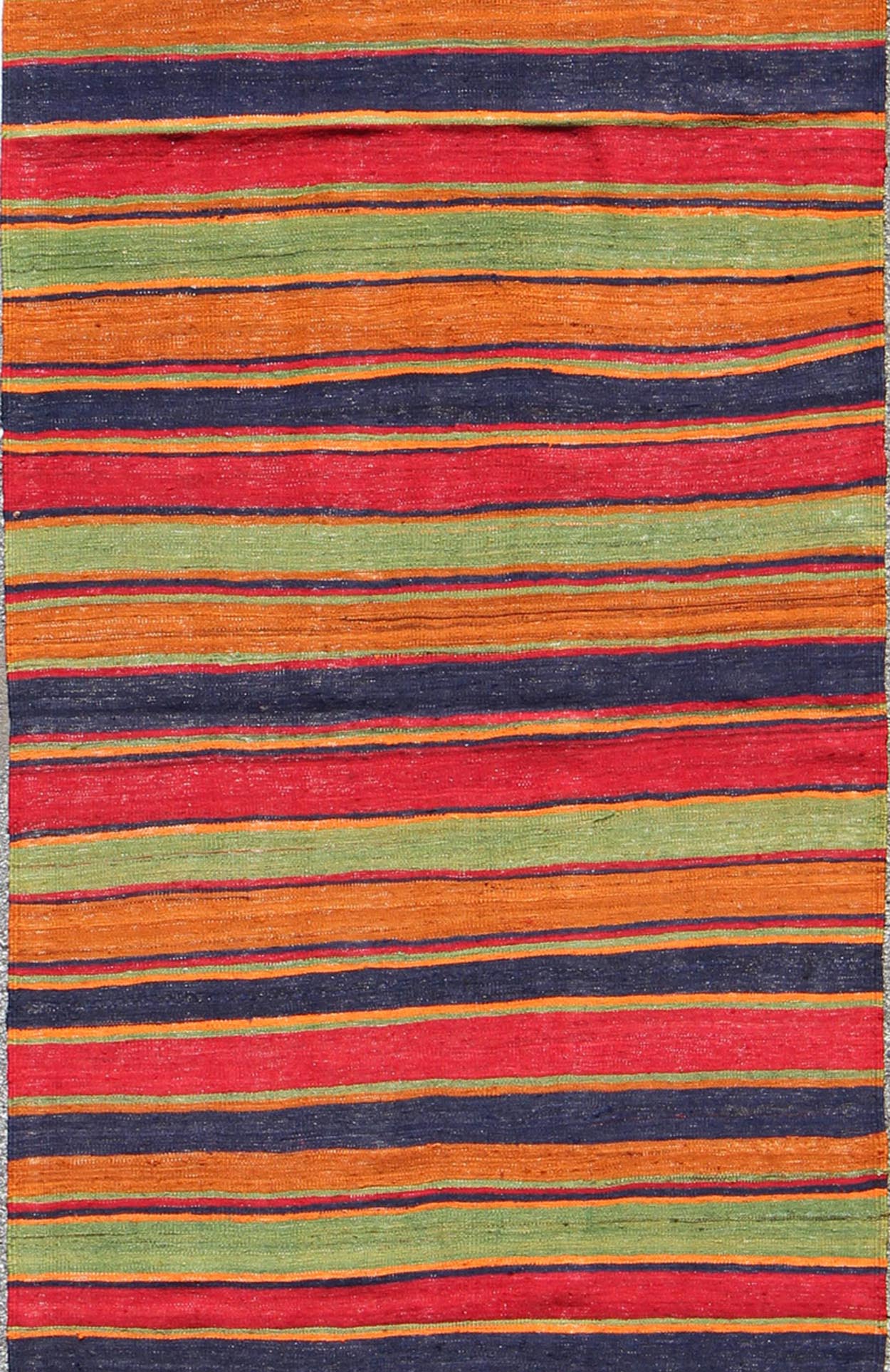 Vintage Kilim wide runner with horizontal stripes in orange, green, blue, red, gold, rug emd - 95028, country of origin / type: Turkey / Kilim, circa mid - 20th century Featuring a repeating horizontal stripe design, this unique mid - century Kilim sh... - Keivan Woven ArtsTU - EMD - 95028 - 3473Rug
