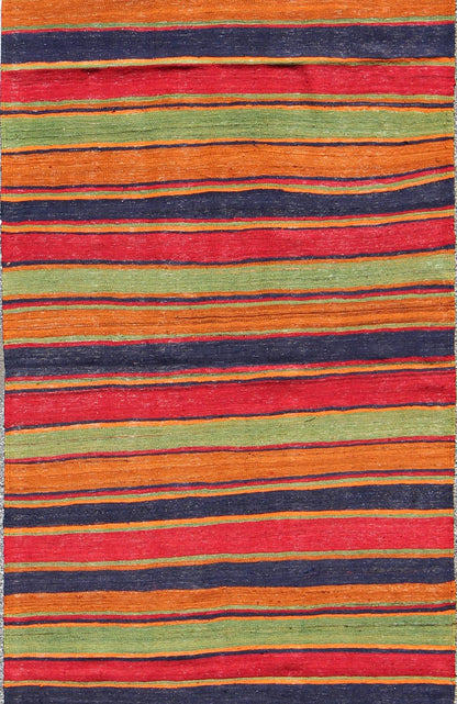 Vintage Kilim wide runner with horizontal stripes in orange, green, blue, red, gold, rug emd - 95028, country of origin / type: Turkey / Kilim, circa mid - 20th century Featuring a repeating horizontal stripe design, this unique mid - century Kilim sh... - Keivan Woven ArtsTU - EMD - 95028 - 3473Rug