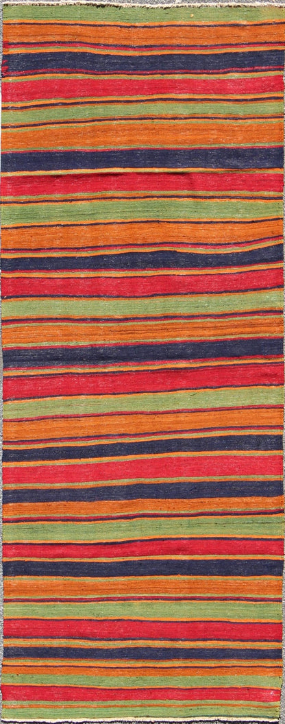 Vintage Kilim wide runner with horizontal stripes in orange, green, blue, red, gold, rug emd - 95028, country of origin / type: Turkey / Kilim, circa mid - 20th century Featuring a repeating horizontal stripe design, this unique mid - century Kilim sh... - Keivan Woven ArtsTU - EMD - 95028 - 3473Rug