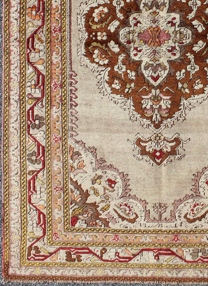 Classic Design, Intricate Antique Oushak with Fine Weave & Great Quality Wool. Antique Turkish Oushak with Brown Medallion and Taupe Background in Matti shades of green, and Red Accents, Rug TU - EMD - 95032, country of origin / type: Turkey / Oushak, c... - Keivan Woven ArtsTU - EMD - 95032 - 3481Rug