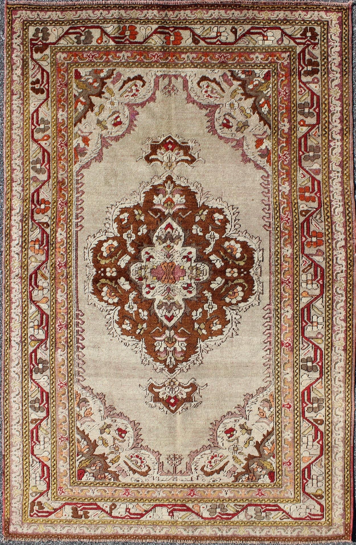 Classic Design, Intricate Antique Oushak with Fine Weave & Great Quality Wool. Antique Turkish Oushak with Brown Medallion and Taupe Background in Matti shades of green, and Red Accents, Rug TU - EMD - 95032, country of origin / type: Turkey / Oushak, c... - Keivan Woven ArtsTU - EMD - 95032 - 3481Rug
