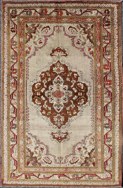 Classic Design, Intricate Antique Oushak with Fine Weave & Great Quality Wool. Antique Turkish Oushak with Brown Medallion and Taupe Background in Matti shades of green, and Red Accents, Rug TU - EMD - 95032, country of origin / type: Turkey / Oushak, c... - Keivan Woven ArtsTU - EMD - 95032 - 3481Rug